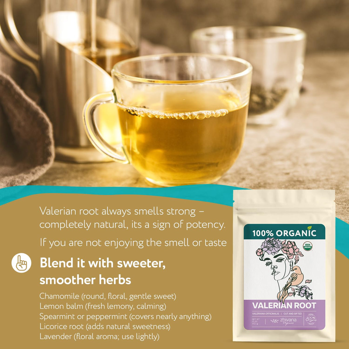Zhivana Organics valerian tea jar label highlighting organic ingredients
