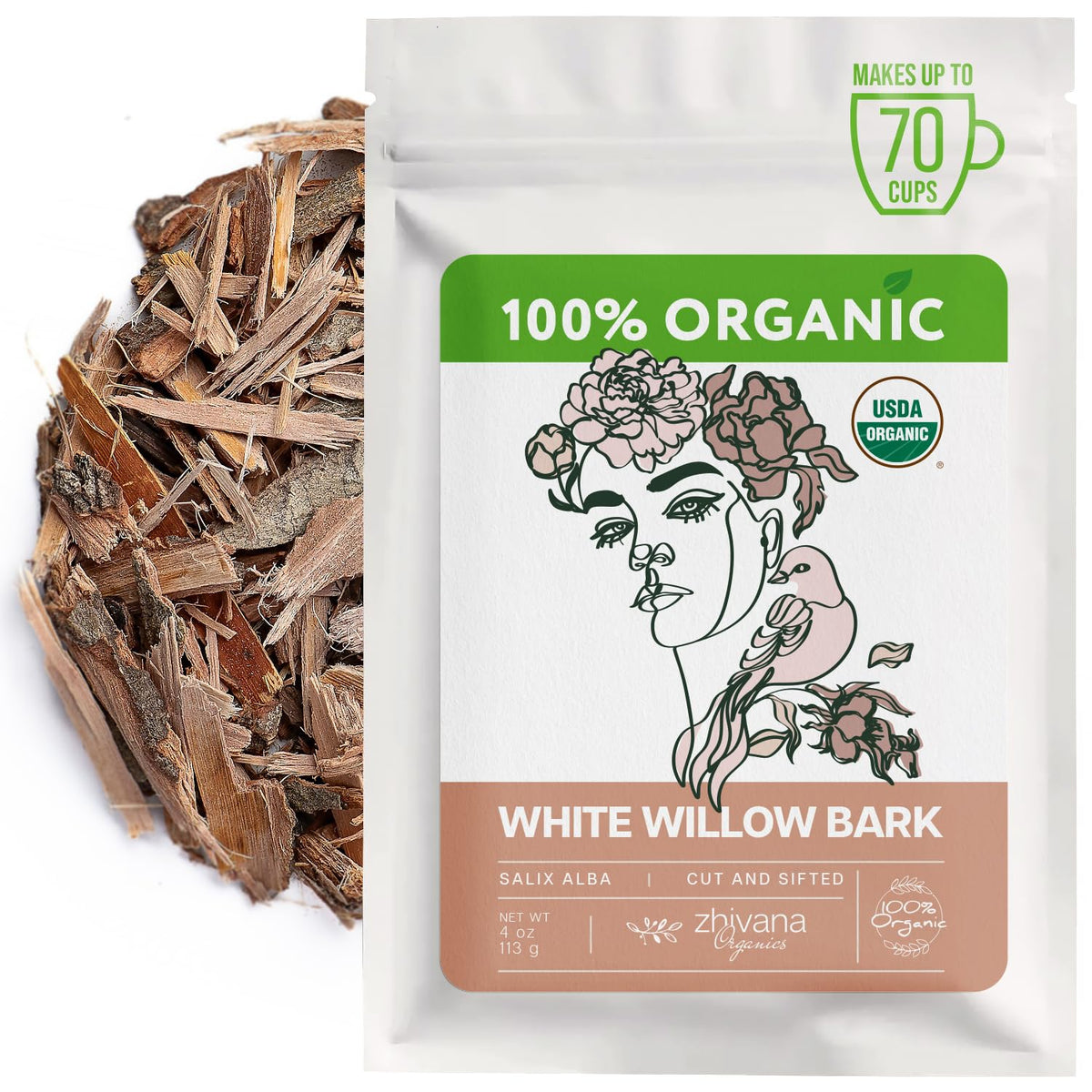 Zhivana Organics white willow bark tea packaging showing organic harvest and quality
