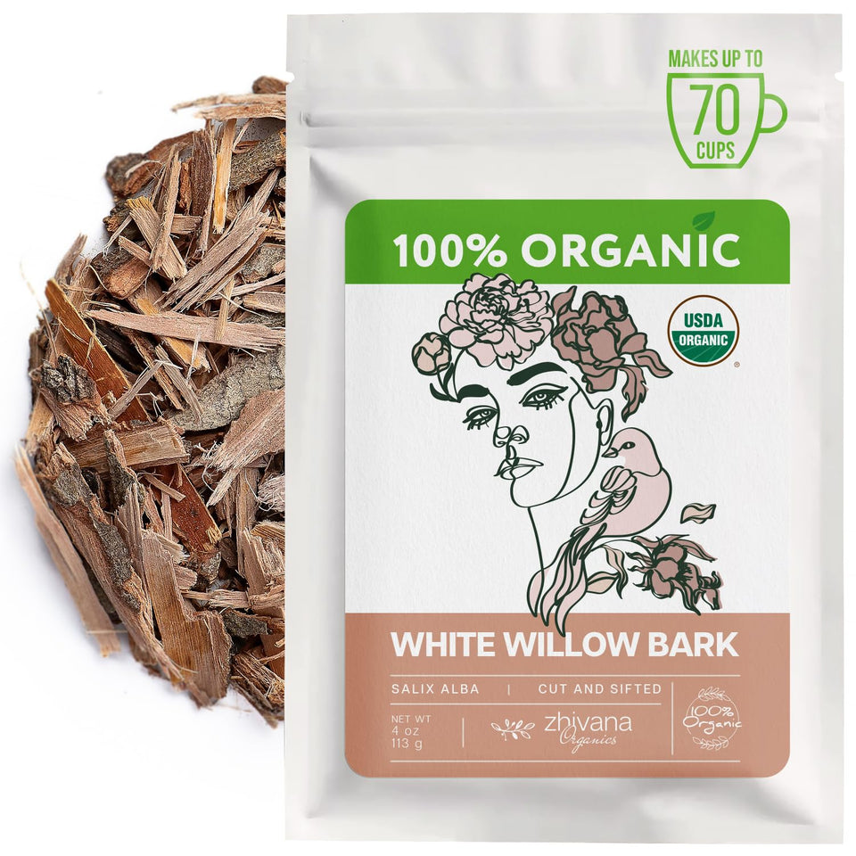 Zhivana Organics white willow bark tea packaging showing organic harvest and quality
