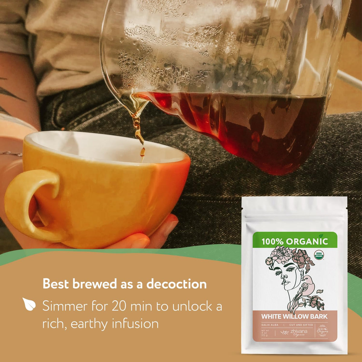 Zhivana Organics willow bark tea blend preparation for traditional tea