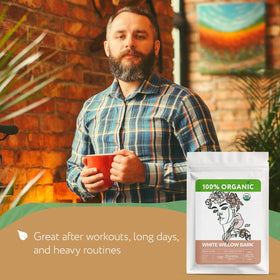 Zhivana Organics willow bark tea cup brew with earthy aroma