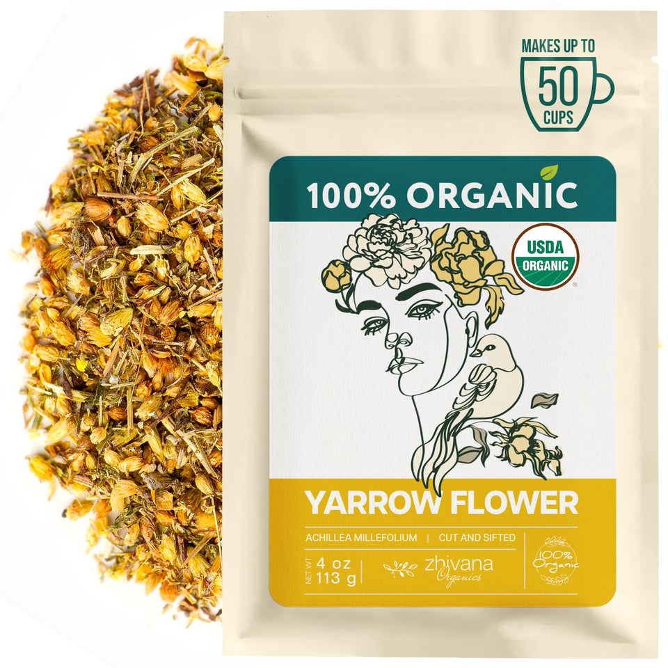 Zhivana Organics Yarrow Tea loose-leaf bundle offers calming aroma and sustainable harvest.