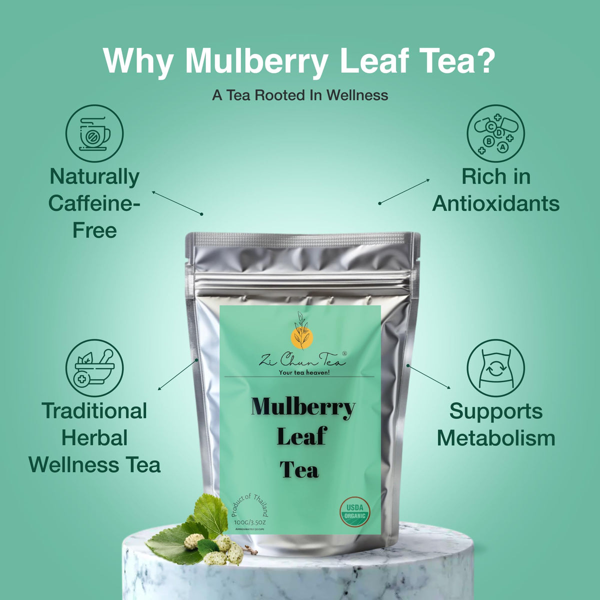 Zi Chun Tea's whole mulberry leaves deliver a clean, authentic infusion
