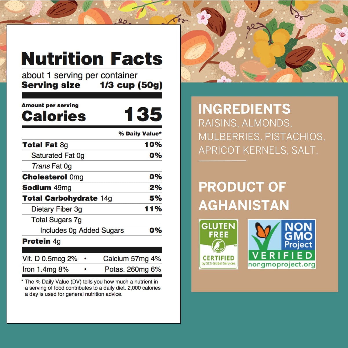 Ziba Trail Mix floral mulberries; antioxidants-rich snack for vitality.