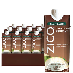 ZICO Chocolate Coconut Water bottle front highlighting a dairy-free hydration option with chocolate flavor
