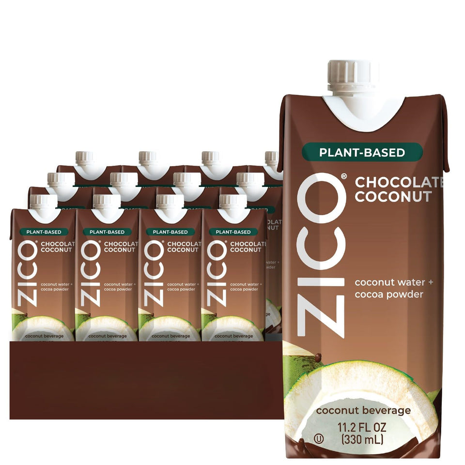 ZICO Chocolate Coconut Water bottle front highlighting a dairy-free hydration option with chocolate flavor