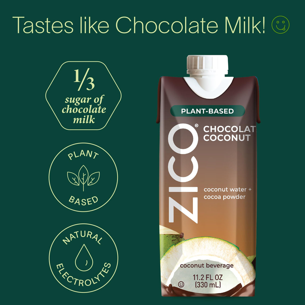 Close-up of ZICO ingredients label showing real cocoa powder and coconut water