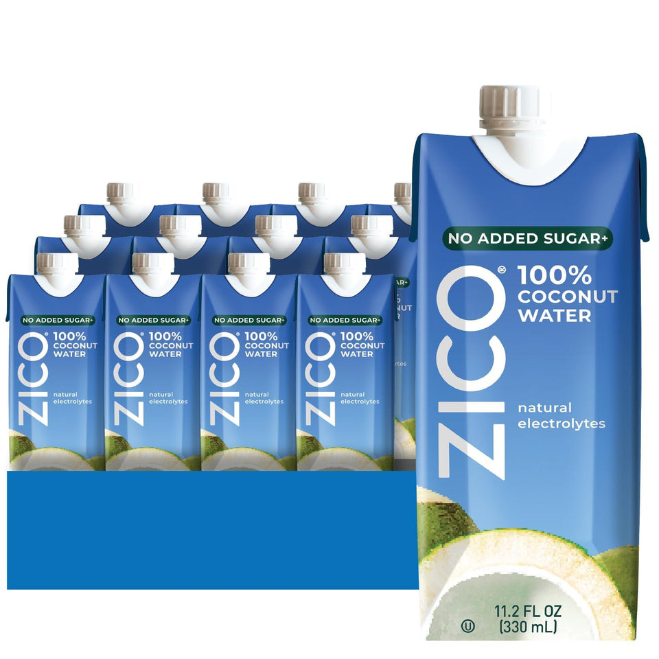 ZICO coconut water bottle showing natural electrolytes for refreshing hydration.