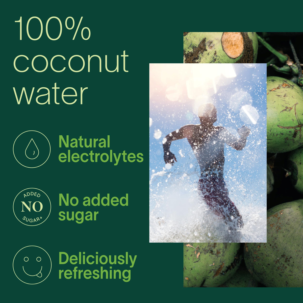 Close-up of ZICO label showing 100% coconut water and no added sugar.
