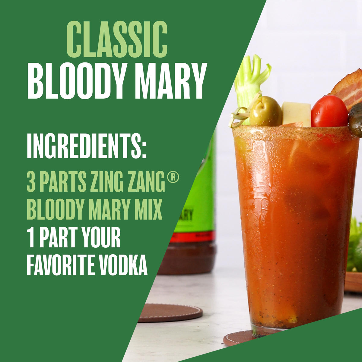A prepared Zing Zang Bloody Mary in a glass, party-ready and inviting.