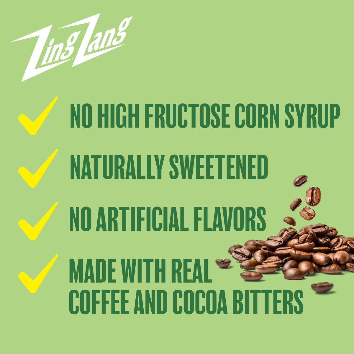 Cocoa nibs and coffee beans visible in Zing Zang mix jar for depth of flavor.