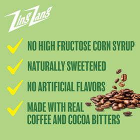 Cocoa nibs and coffee beans visible in Zing Zang mix jar for depth of flavor.