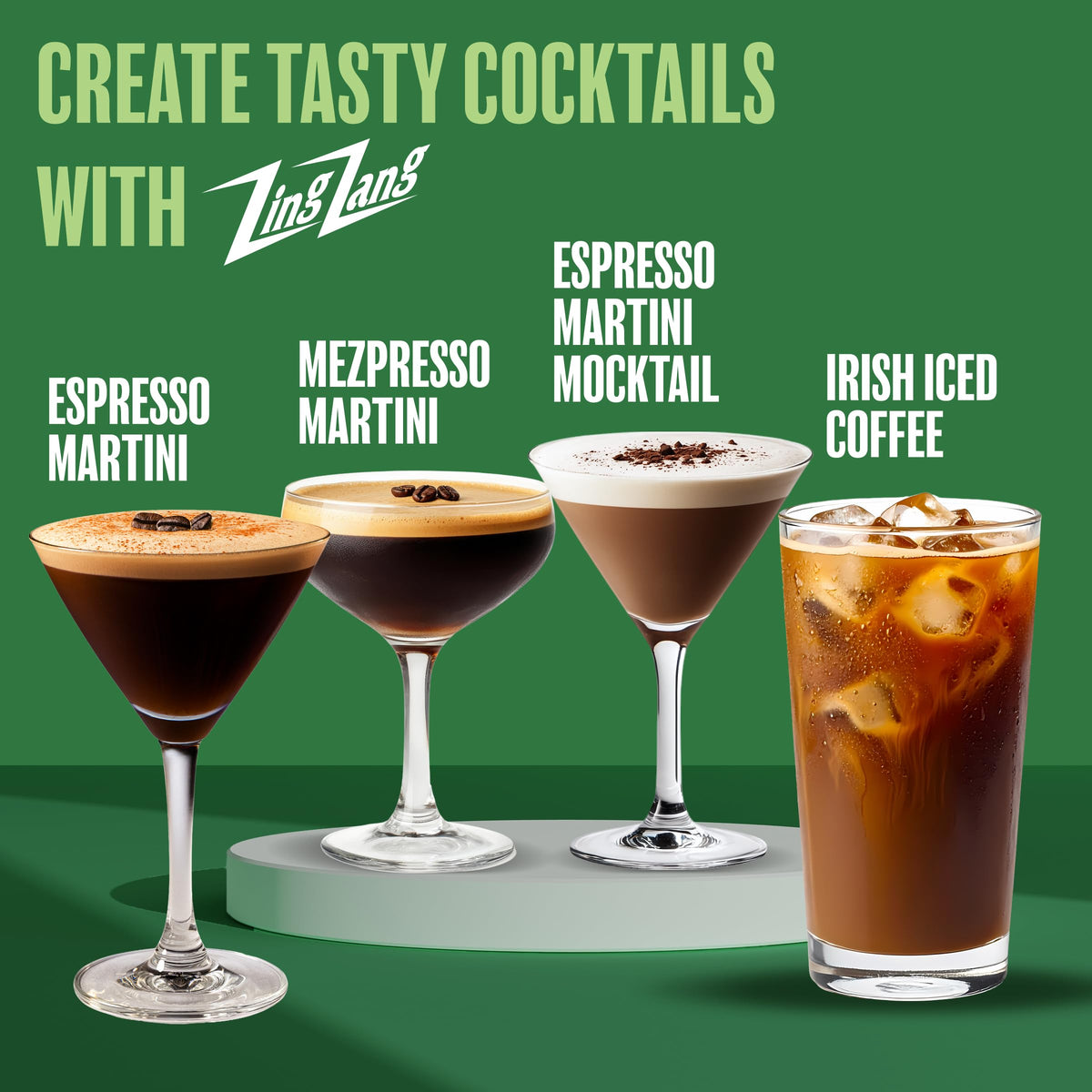 Cocktail glass with Zing Zang Espresso Martini Mix for coffee-forward home drinks.