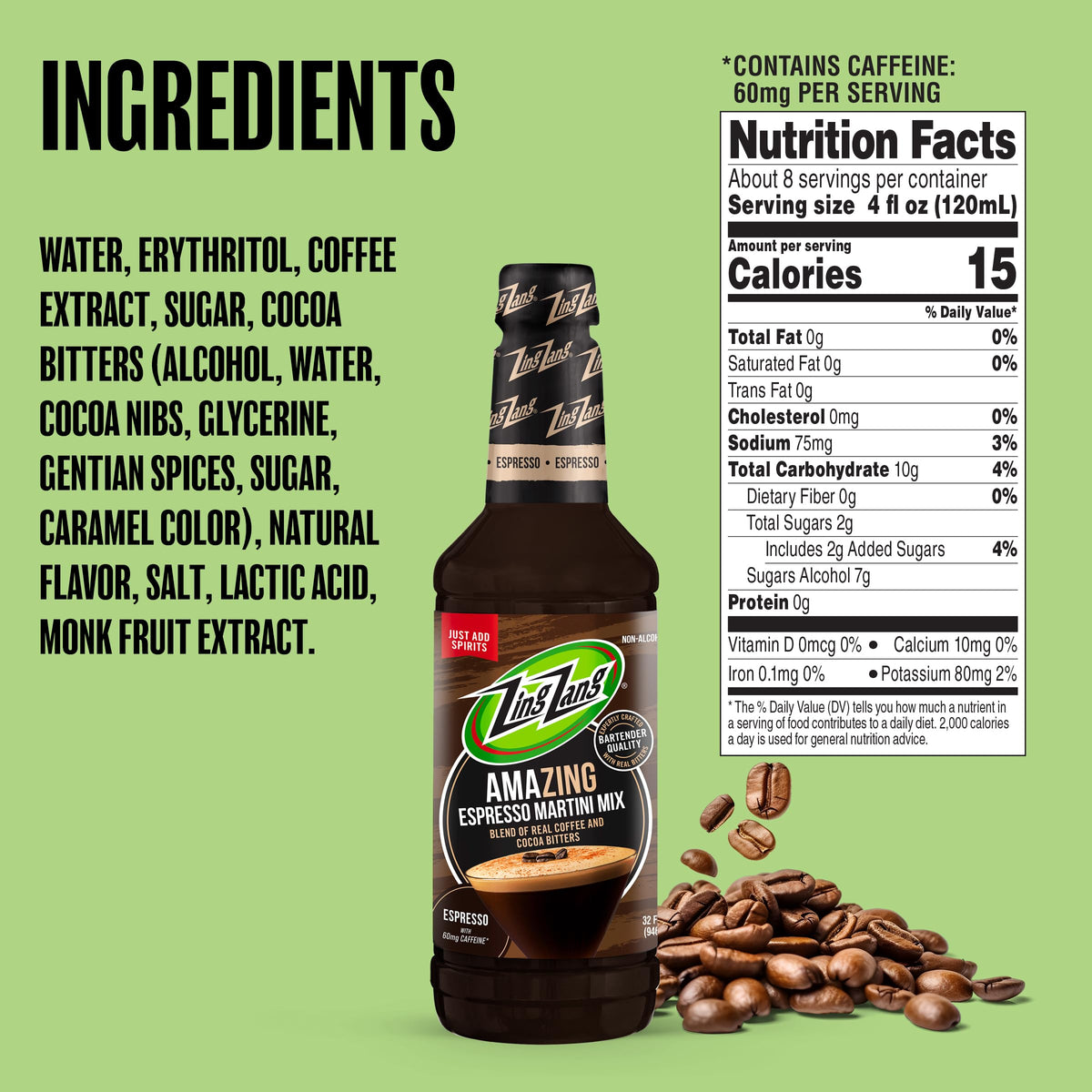 Close-up of Zing Zang label with cocoa nib and coffee bean blend for rich espresso flavor.