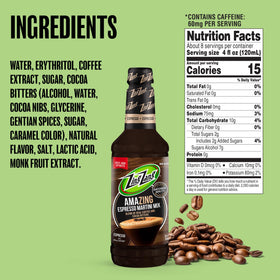 Close-up of Zing Zang label with cocoa nib and coffee bean blend for rich espresso flavor.