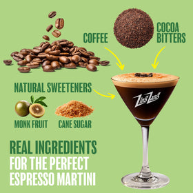 Pour action of Zing Zang Espresso Martini Mix over ice for quick cocktails.