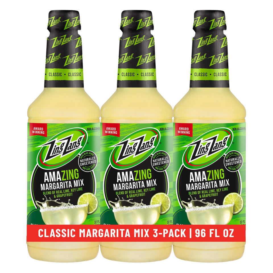 Zing Zang Margarita Mix bottle featuring 3 citrus juices and mango puree, ideal for easy mango margaritas.
