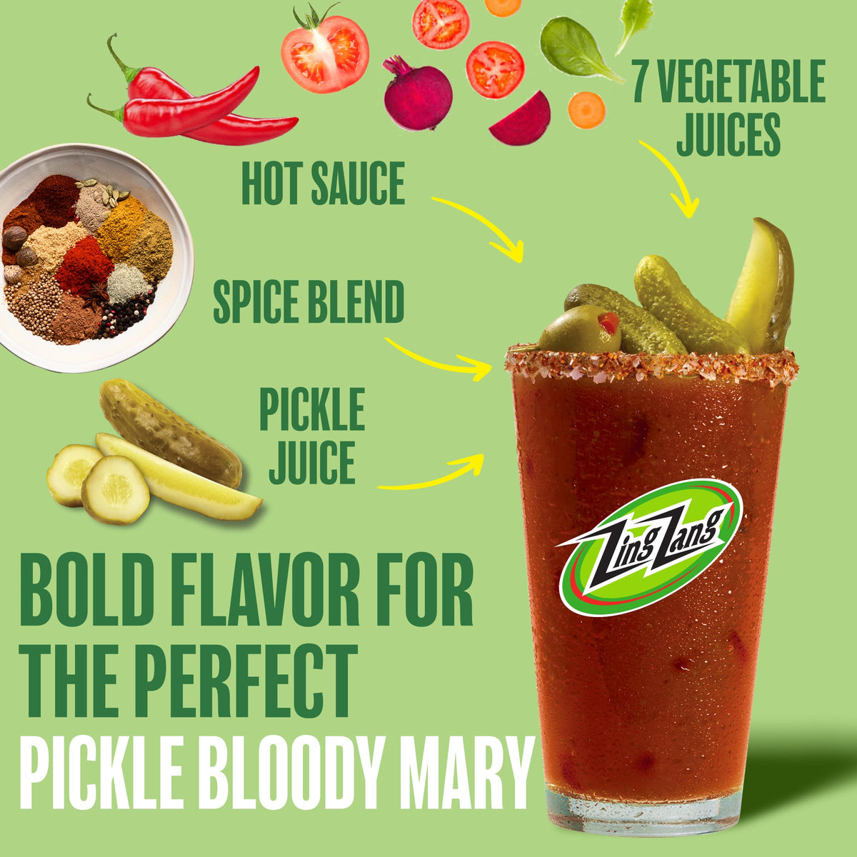 Glass with a ready Zing Zang Bloody Mary over ice
