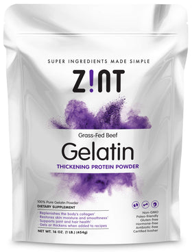Zint Beef Gelatin Powder bottle showcases a neutral flavor ideal for baking and thickening.