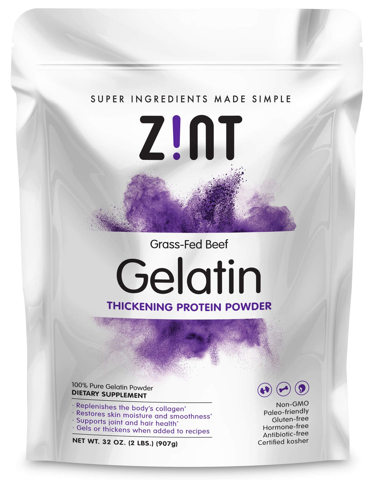 Zint Beef Gelatin powder bottle; neutral flavor ideal for thickening and baking.