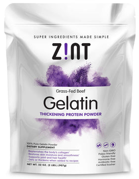 Zint Beef Gelatin powder bottle; neutral flavor ideal for thickening and baking.