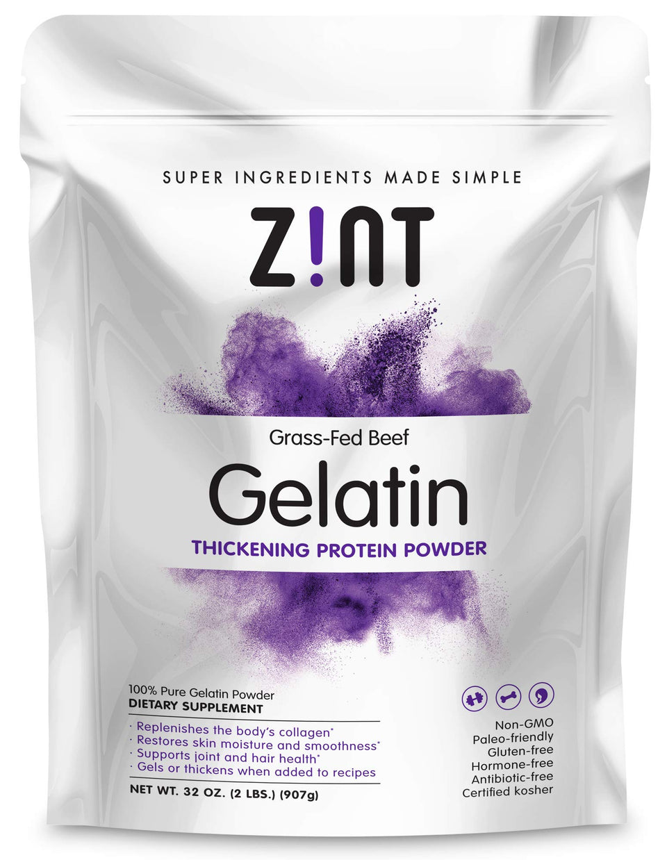 Zint Beef Gelatin powder bottle; neutral flavor ideal for thickening and baking.