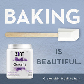 Zint gelatin powder with scales and spoon highlights precise measurement for recipes.