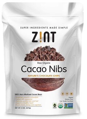 Zint Organic cacao nibs in front bag show gluten-free, organic ingredients for snacking