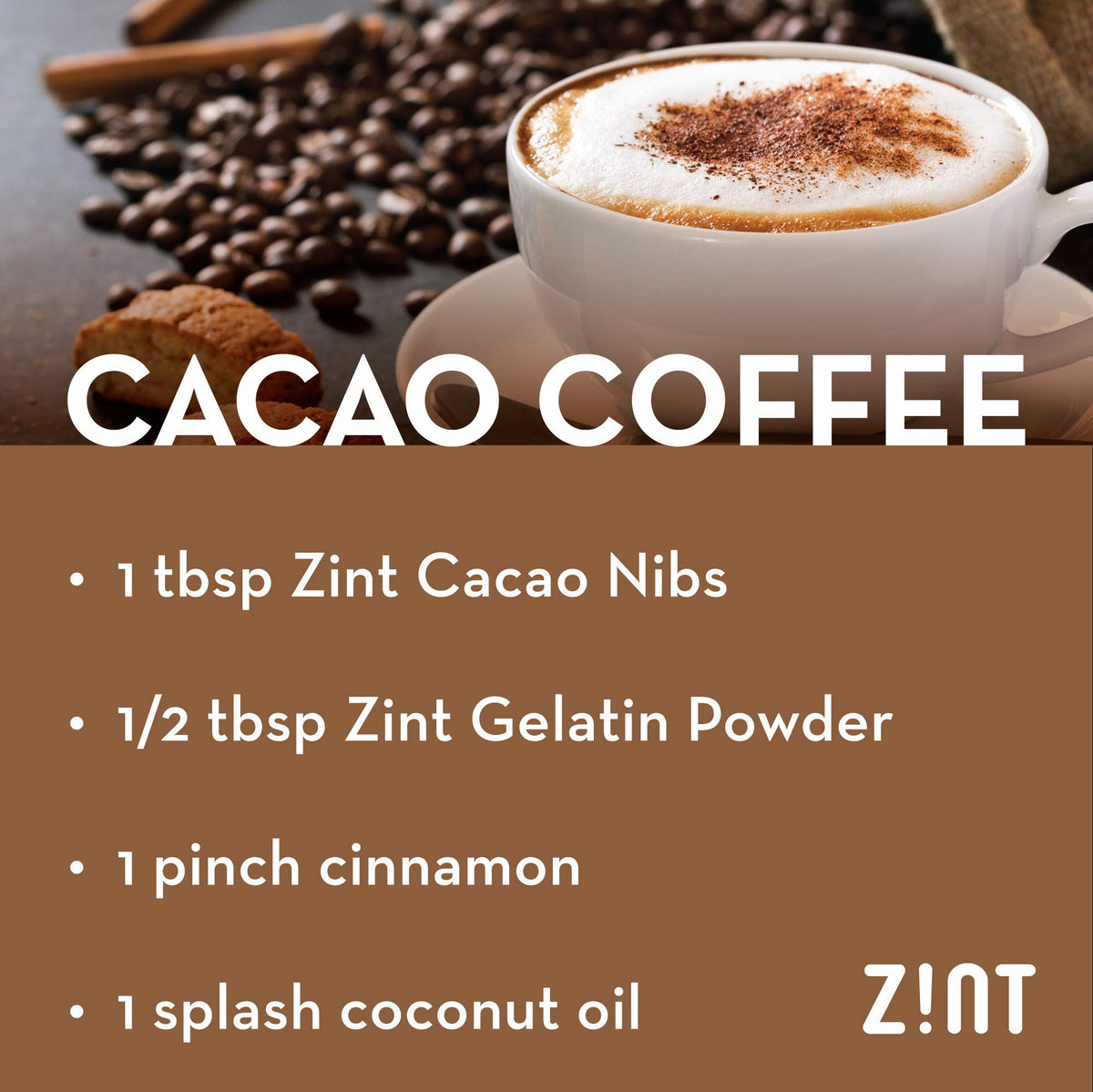 Zint Organic cacao nibs packaging highlights Fair Trade and Paleo credentials