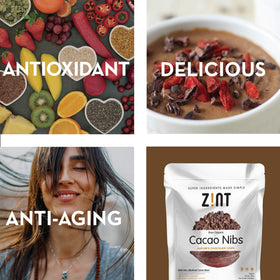 Zint Organic cacao nibs pouring shot shows versatile use in smoothies