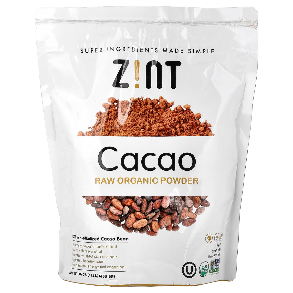 Zint Organic Cacao Powder main image, rich chocolate flavor for drinks, smoothies, and baking.