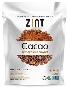 Zint Organic Cacao Powder jar shows rich, non-alkalized chocolate perfect for smoothies