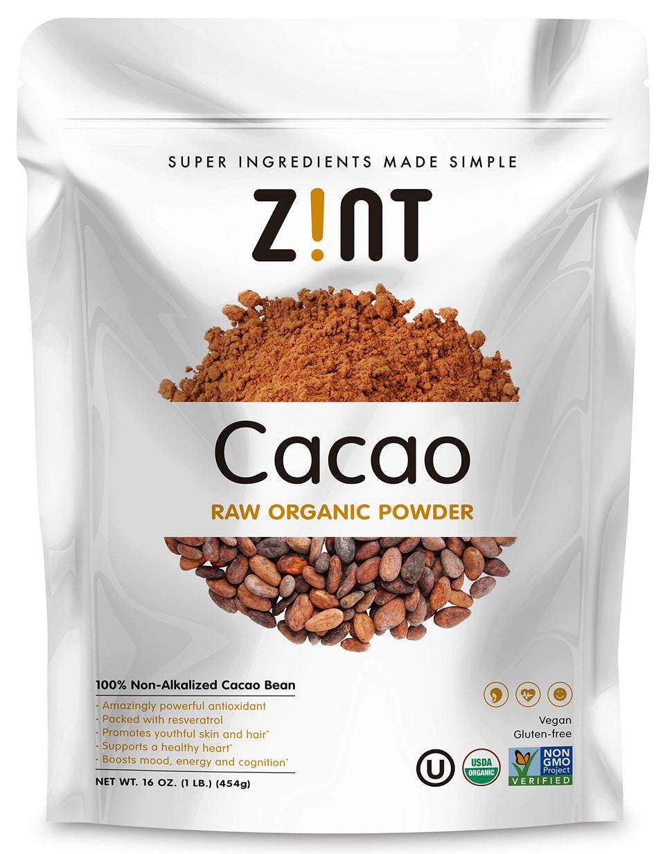 Zint Organic Cacao Powder jar shows rich, non-alkalized chocolate perfect for smoothies