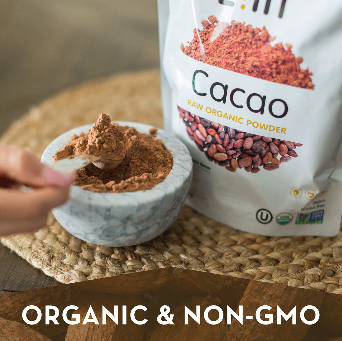 Zint Organic Cacao Powder smoothie shot suggests creamy, antioxidant-rich drinks