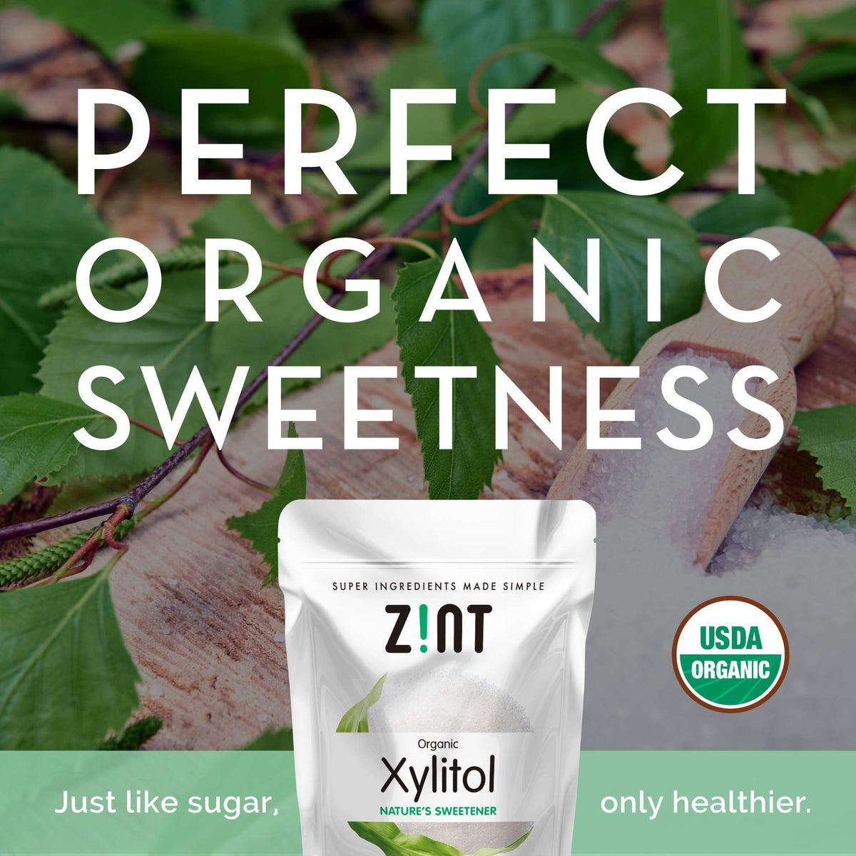Zint Organic Xylitol measuring cup demonstrates precise, sugar-like measurement for recipes.