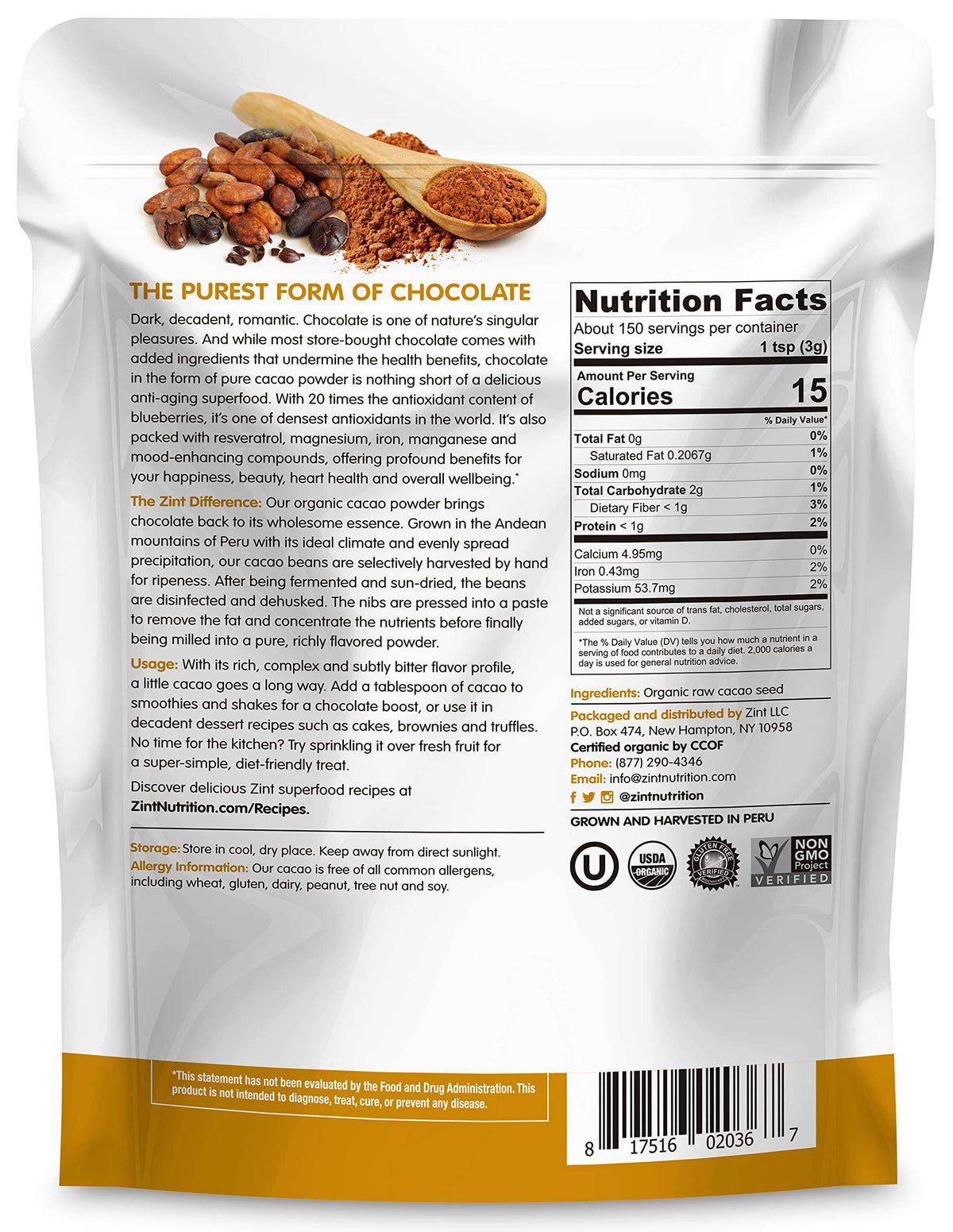 Zint Peru harvest cacao powder emphasizes ethical sourcing and vibrant flavor