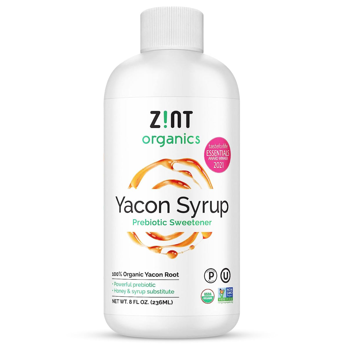 Zint Yacon Syrup bottle on counter highlights natural prebiotic sweetness.