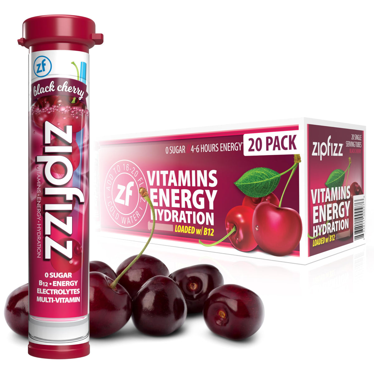 Zipfizz Black Cherry tubes-pack showing portable energy and hydration on the go