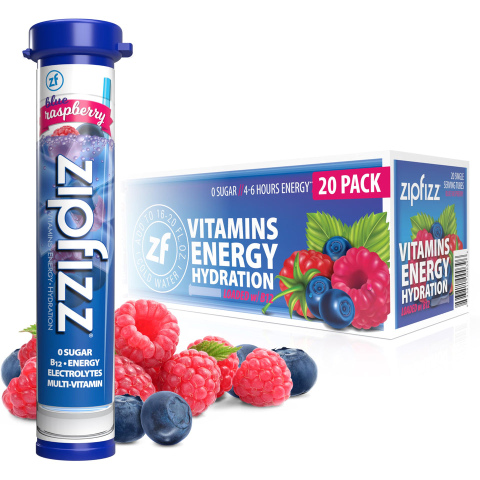Zipfizz blue raspberry powder packet for a sugar-free energy boost and hydration.