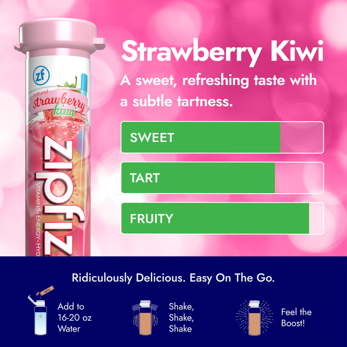 Zipfizz bottle with glass setup shows integrated vitamins and electrolytes.