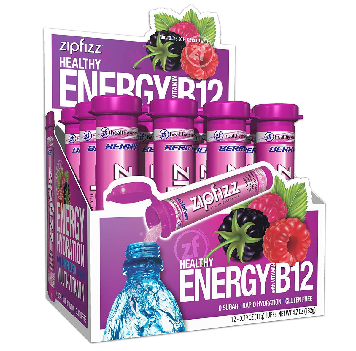 Zipfizz daily energy berry packet ready to mix for a quick, sugar-free hydration boost.