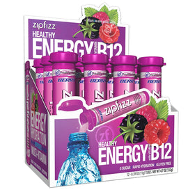 Zipfizz daily energy berry packet ready to mix for a quick, sugar-free hydration boost.