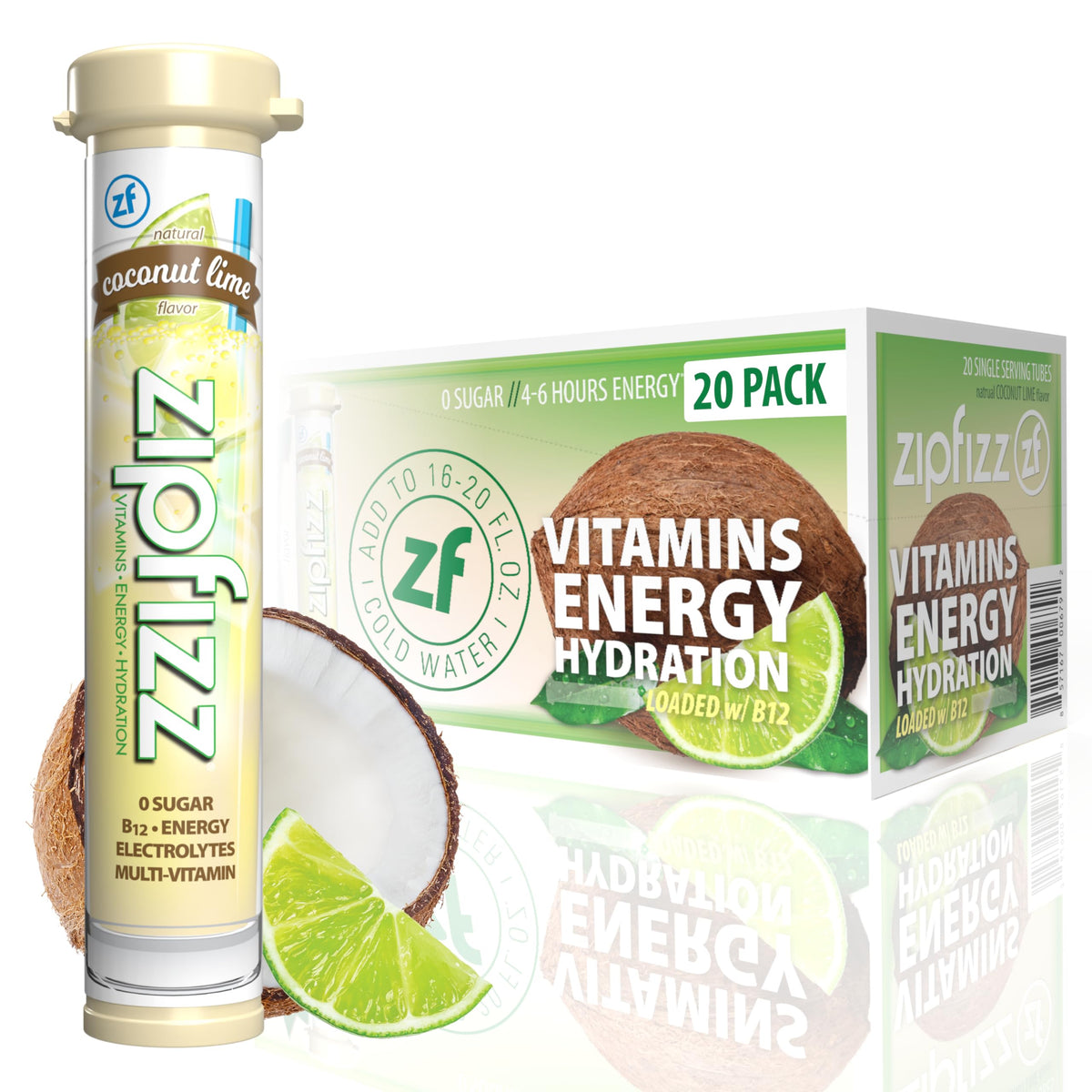 Zipfizz daily energy coconut lime packet ready to mix for a quick, sugar-free lift.