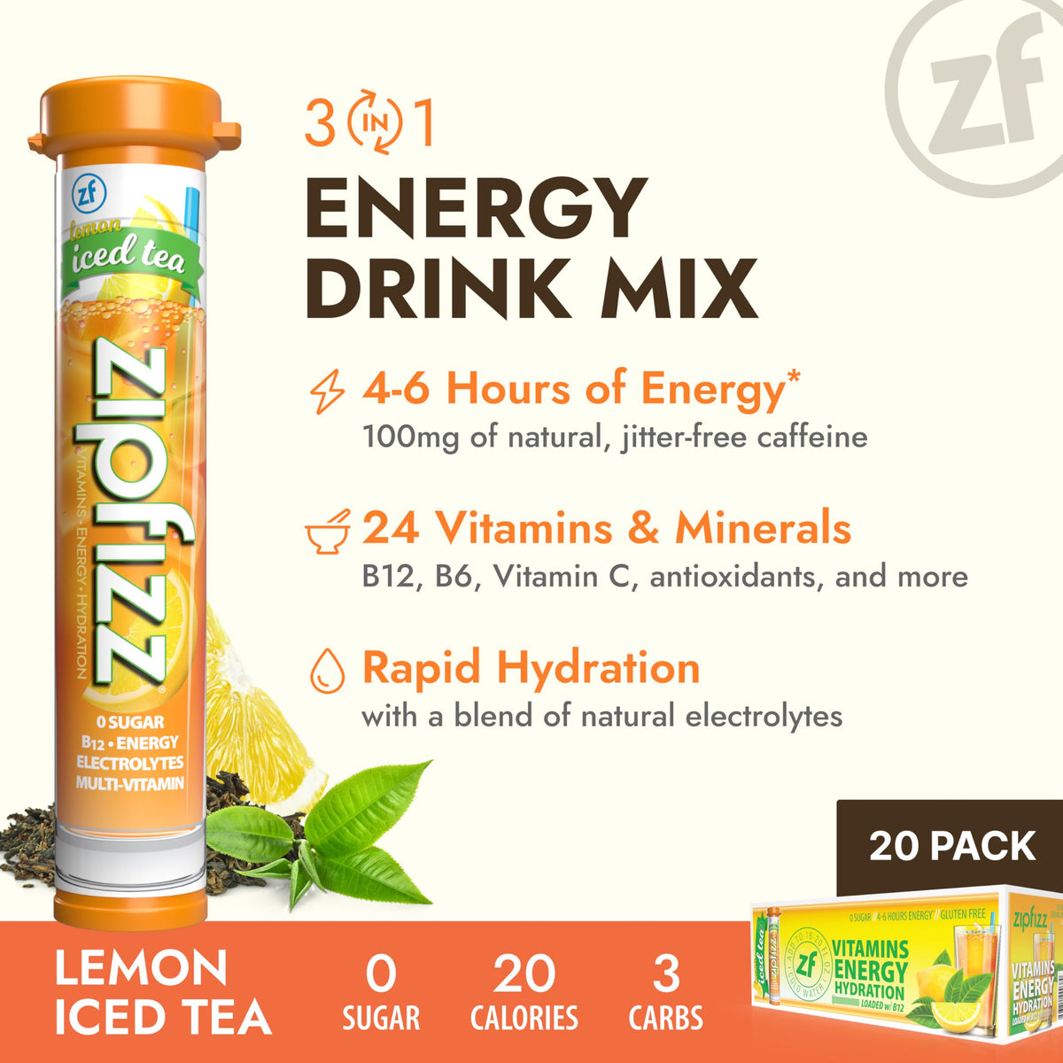 Zipfizz daily energy lemon tea serving in glass shows refreshing flavor