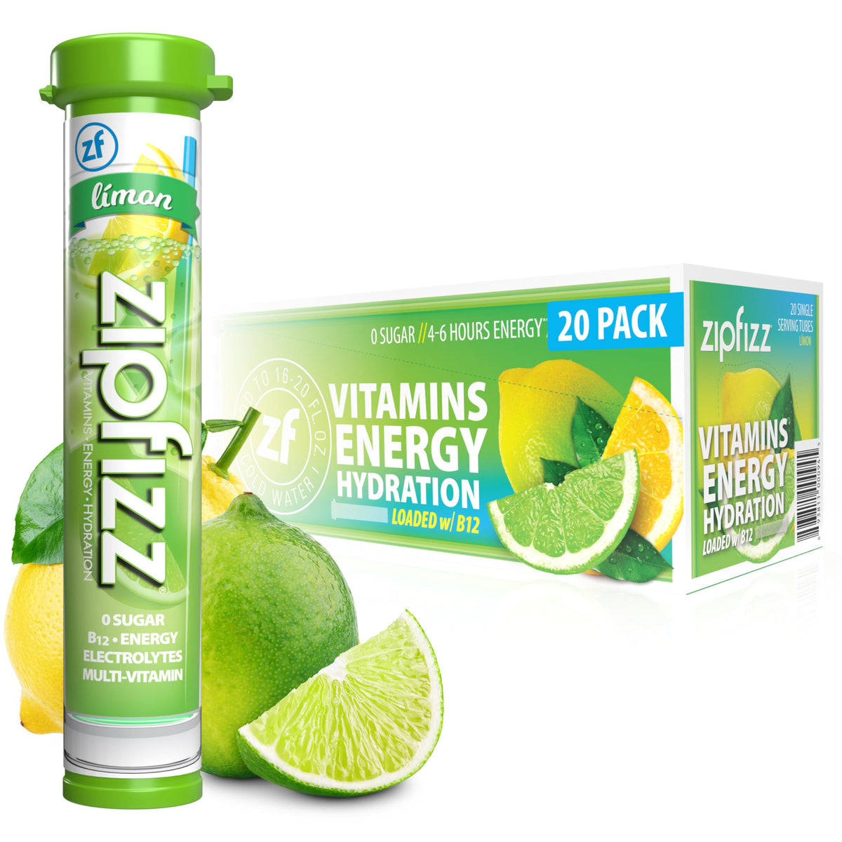 Zipfizz daily energy powder in lemon flavor ready to mix for a refreshing boost.