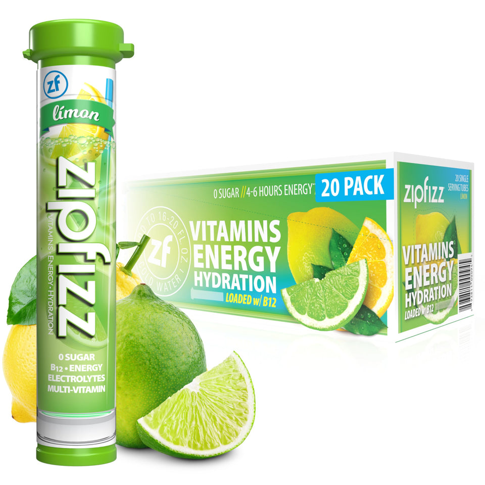Zipfizz daily energy powder in lemon flavor ready to mix for a refreshing boost.
