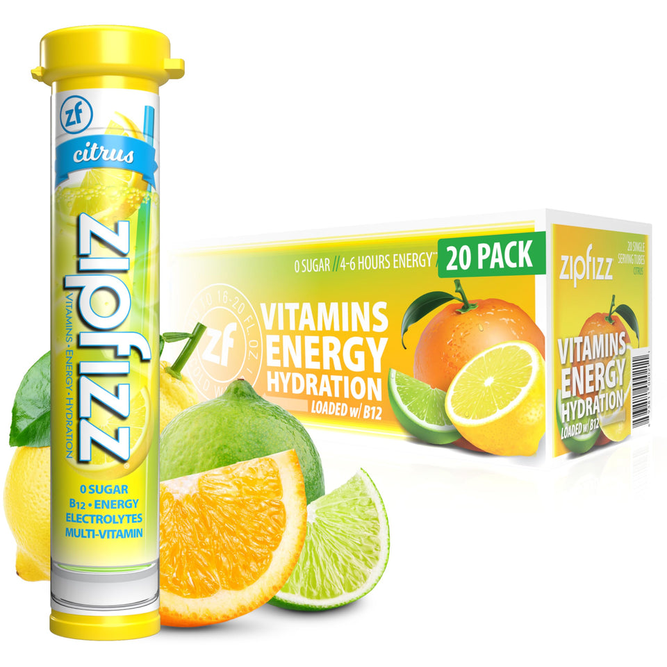 Zipfizz citrus tube closeup dissolving in water for steady energy.