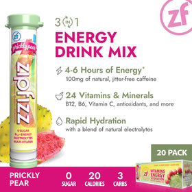 Zipfizz energy powder tub on shelf highlighting 3-in-1 formula.