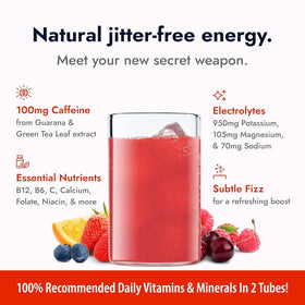 Close-up of Zipfizz packaging highlighting vitamins and electrolytes.