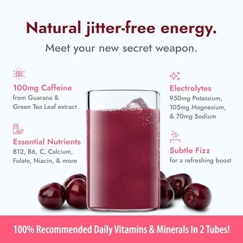 Prepared Zipfizz drink in a glass with vibrant black cherry flavor